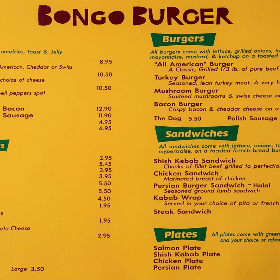 Bongo Burger menu featuring breakfast, burgers, sandwiches, plates, side orders, extras, and drinks with prices.