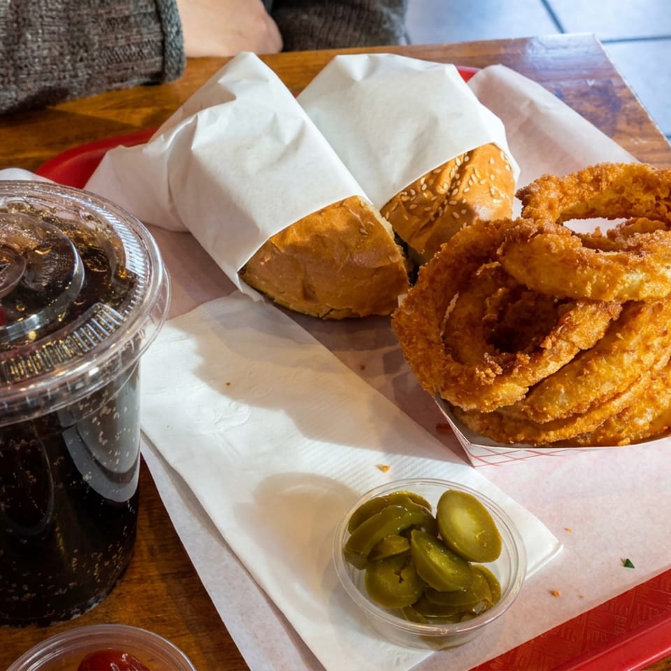 Tray with wrapped sesame-seed sandwiches, fried onion rings, pickles, and a soft drink on a wooden restaurant table.