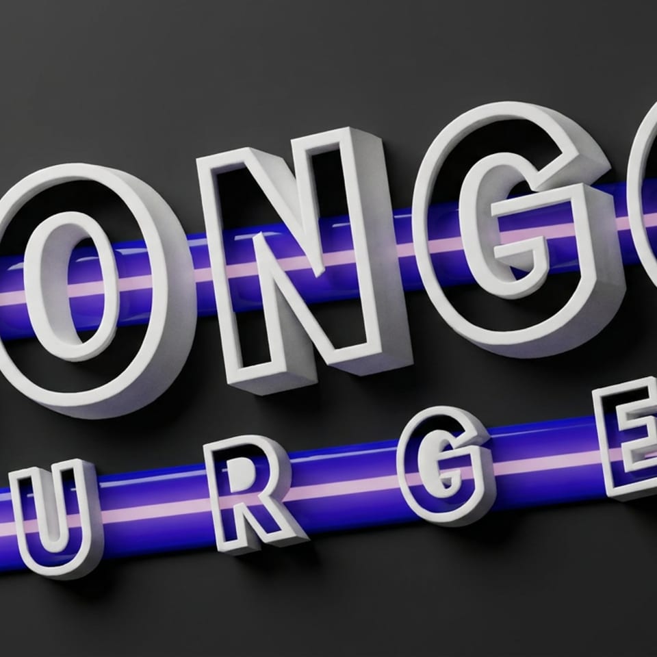 Three-dimensional white BON GO BURGER lettering displayed on glowing blue horizontal bars against a dark background.
