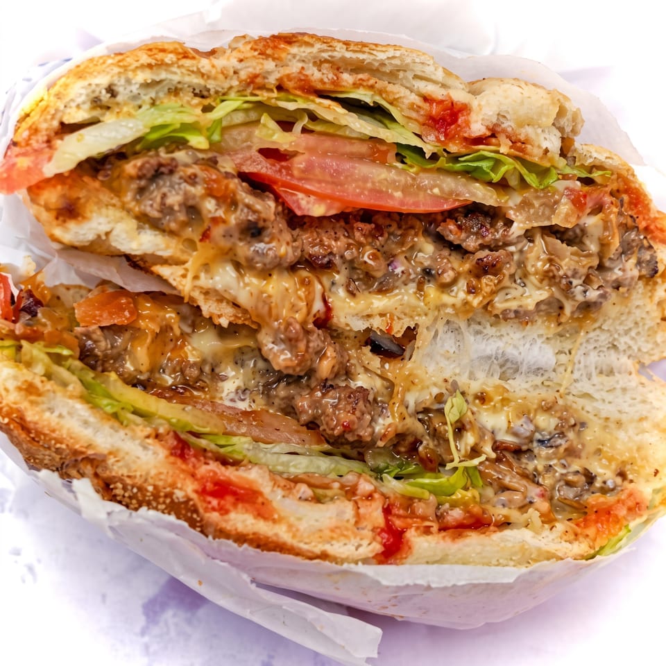 Close-up of a loaded cheeseburger with beef patties, melted cheese, lettuce, tomato, onions, and sauce on a bun.