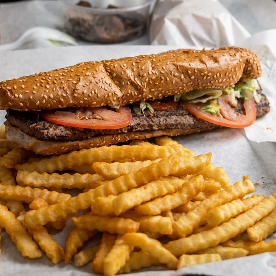 Sesame-seed sandwich with grilled meat, tomato, lettuce, and sauce served alongside a pile of crinkle-cut fries.