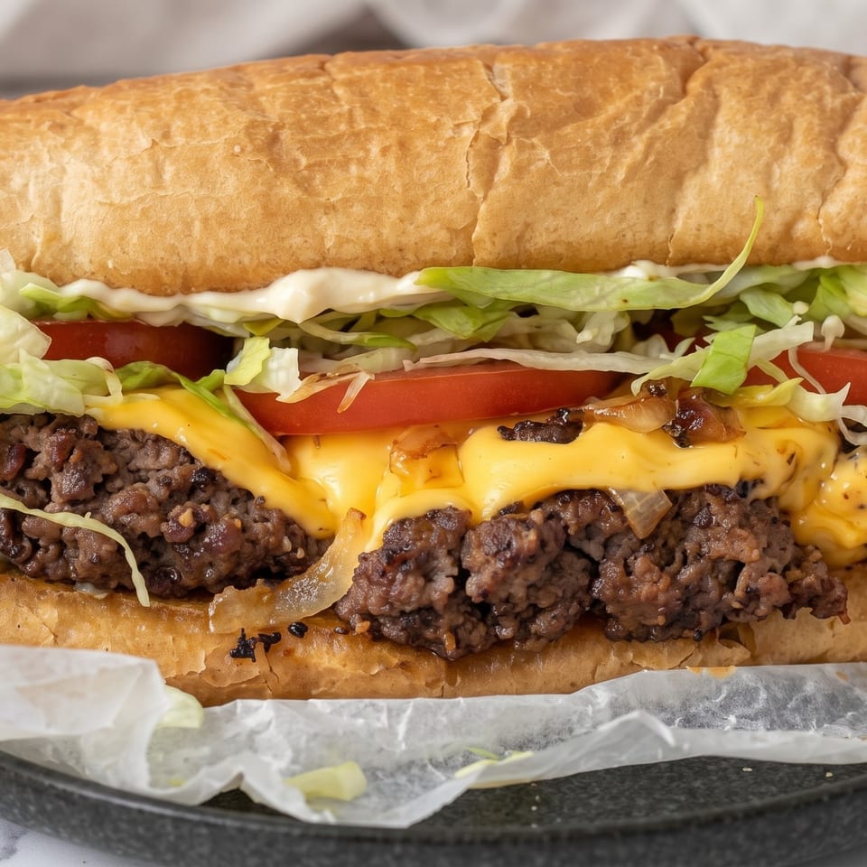 Close-up of a cheeseburger on a toasted hoagie roll with beef patties, melted cheese, lettuce, tomato, onions, and mayonnaise.